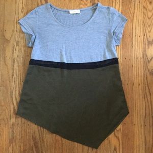 Asymmetrical blocked color, sheer waist shirt